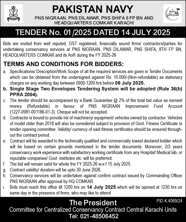 Pakistan Navy Karachi Tender Notice